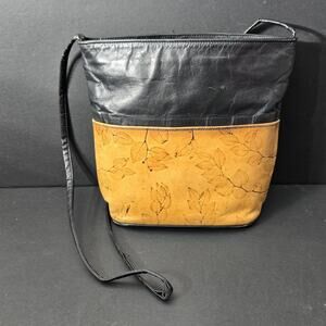 C.L. Whiting Collection Leather Crossbody Satchel Leaf Design Black& Camel Color